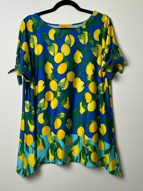 Ruby Rd Women’s L Short Sleeve Blue Top with Lemons and Leaf Pattern